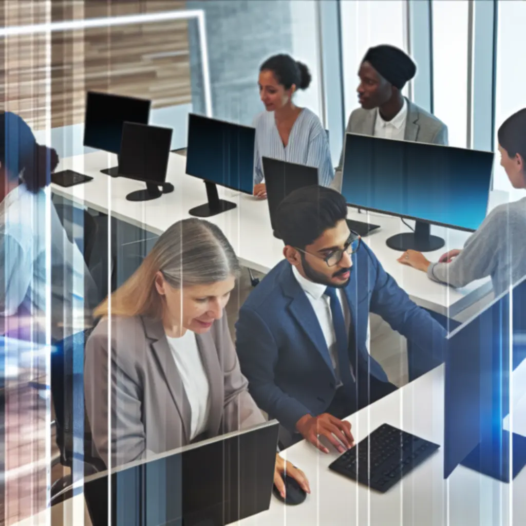 Zakelijk team dat gezamenlijk online leeroplossingen gebruikt